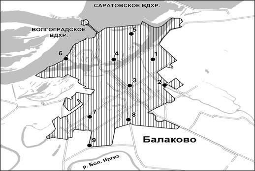 Точки почвенного опробования на территории г . Балаково (2013 г.)